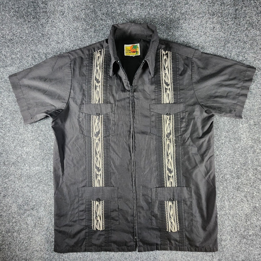 VTG The Genuine Haband Guayabera Shirt L Black Cuban Lounge Mexican Wedding Zip